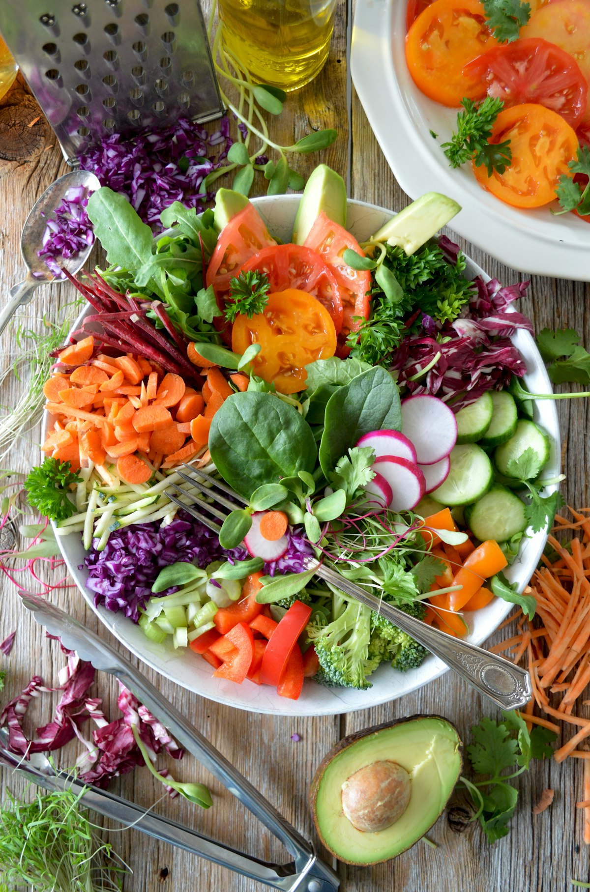Nutrient-dense raw vegetable salad with fermented kraut and probiotic rich foods
